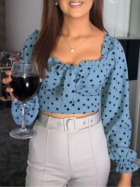 PrettyLittleThing Blue Polka Dot Off The Shoulder Crop Top